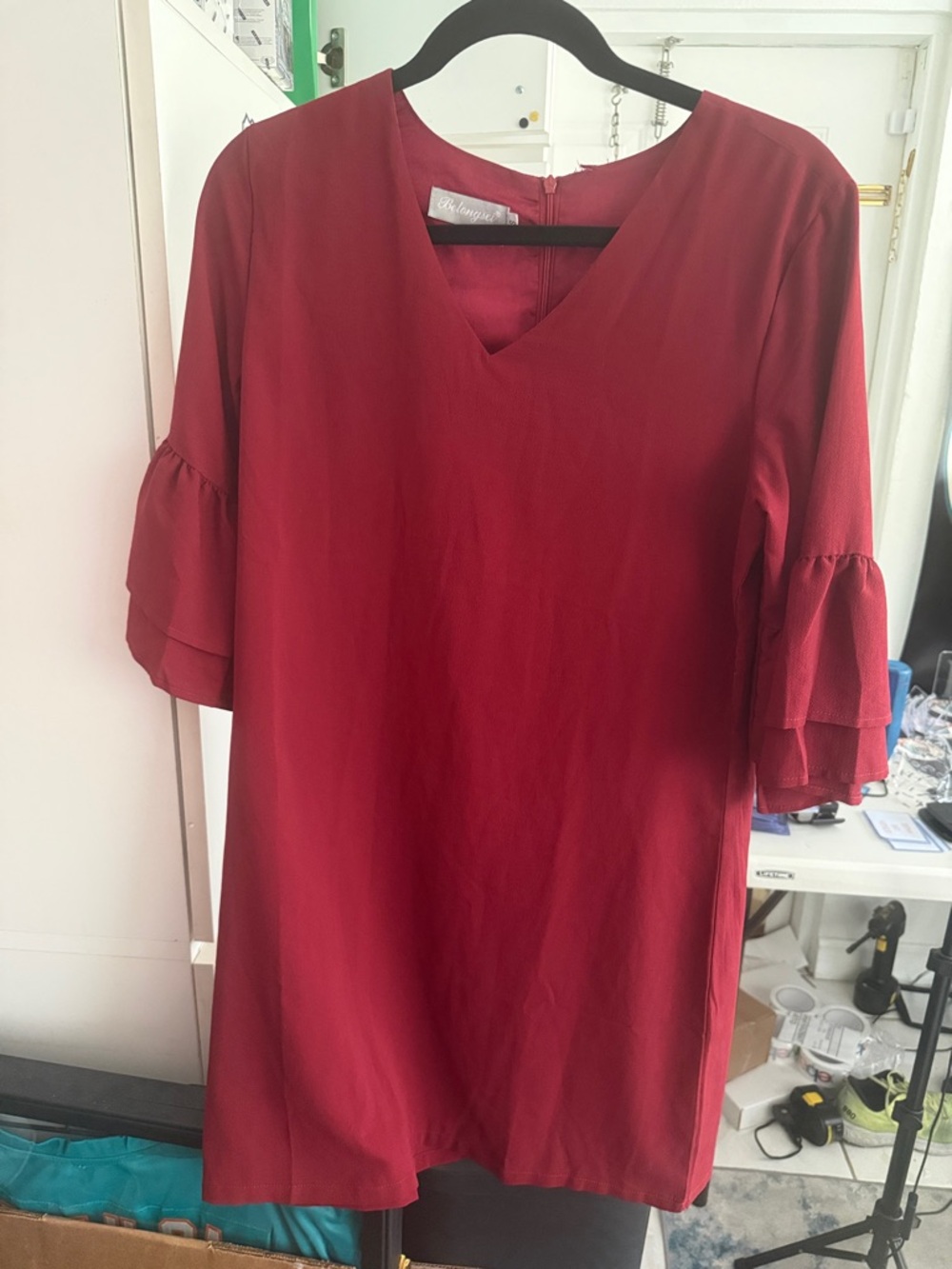 Women's Burgundy V-Neck Ruffle Sleeve Tunic